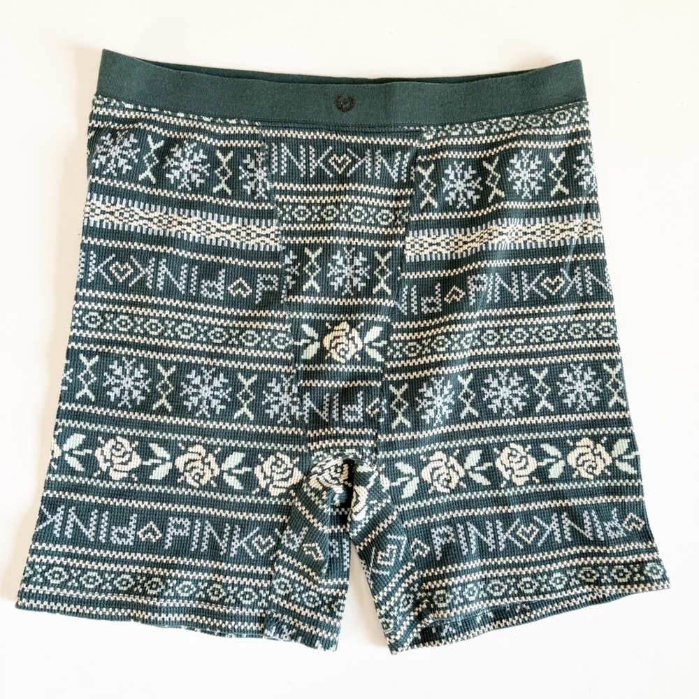 NWT PINK Victorias Secret Women Green Fair Isle Waffle Knit Sleep Boxer Shorts S
